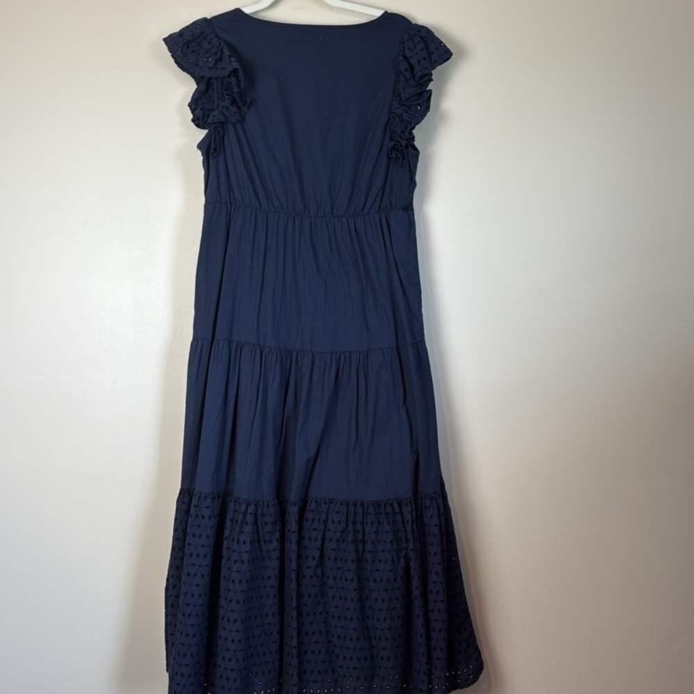Maison Jules Long Navy Dress with Ruffle Eyelet Sleeves Size L 100% Cotton - Picture 10 of 10